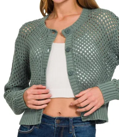 Zenana Crochet Button Cardigan In Ash Jade In Green
