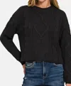 Zenana Cropped High Low Cable Sweater With Side Slits In Black