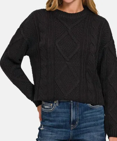 Zenana Cropped High Low Cable Sweater With Side Slits In Black