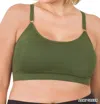 Zenana Cross Back Padded Seamless Bra With Adjustable Straps In Army Green In Green