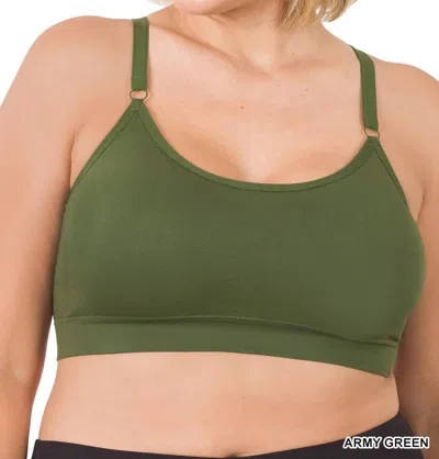 Zenana Cross Back Padded Seamless Bra With Adjustable Straps In Army Green