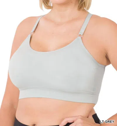 Zenana Cross Back Padded Seamless Bra With Adjustable Straps In Light Grey