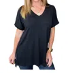 Zenana Cuffed Sleeve Hi-low Hem Top In Black In Black