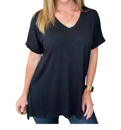 Zenana Cuffed Sleeve Hi-low Hem Top In Black
