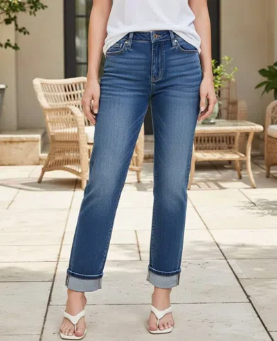 Zenana Cuffed Straight Leg Jeans In Dark Denim In Blue