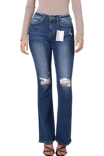 Zenana Distressed Flare Denim Jeans In Dark Blue