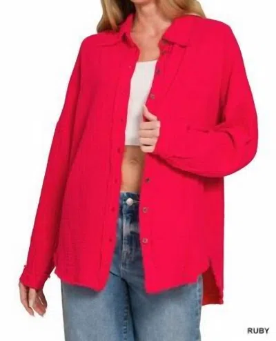 Zenana Double Gauze Collared Shirt In Ruby In Pink
