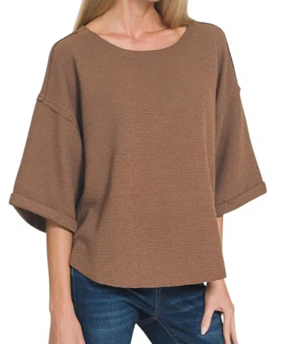 Zenana Double Knit Three Quarter Sleeve Top In Brown