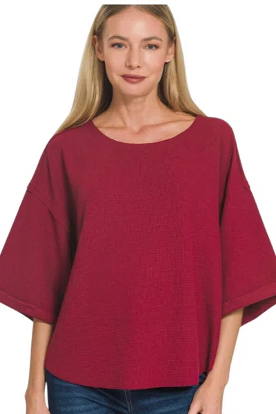 Zenana Double Knit Three Quarter Sleeve Top In Cabernet In Burgundy