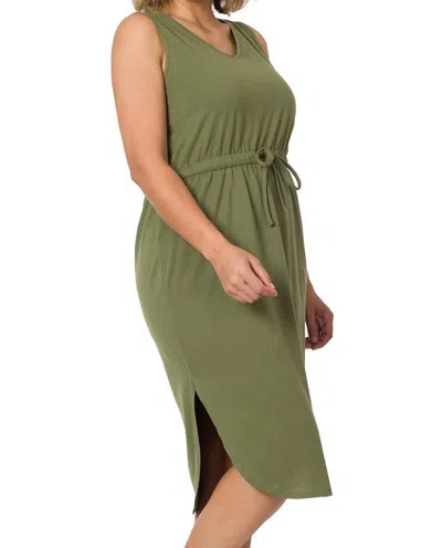 Zenana Drawstring Waist Curved Hem Dress In Ash Olive In Green