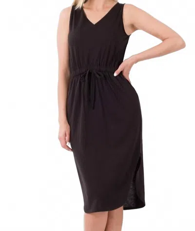 Zenana Drawstring Waist Curved Hem Dress In Black