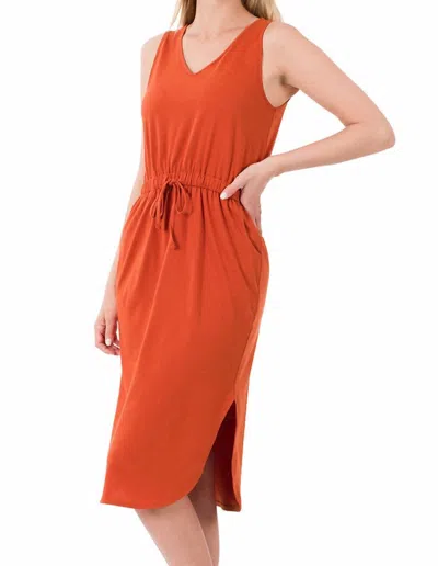 Zenana Drawstring Waist Curved Hem Dress In Copper In Multi