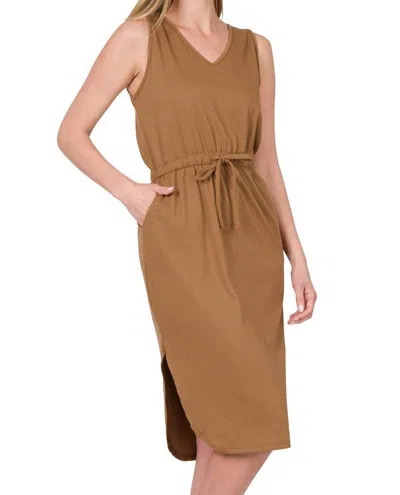 Zenana Drawstring Waist Curved Hem Dress In Deep Camel In Multi