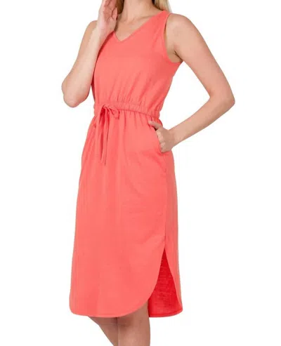 Zenana Drawstring Waist Curved Hem Dress In Deep Coral In Orange