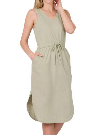 Zenana Drawstring Waist Curved Hem Dress In Light Sage In Green