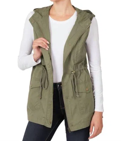 Zenana Drawstring Waist Hoodie Vest In Light Olive In Green
