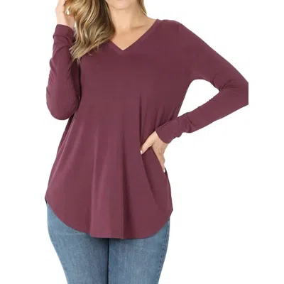 Zenana Emmas V Neck Long Sleeve Top - Plus In Eggplant In Purple