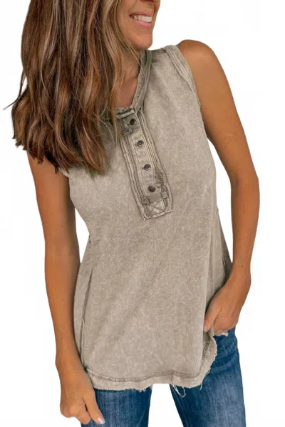 Zenana Everyday Acid Washed Cotton Top In Light Olive In Gray