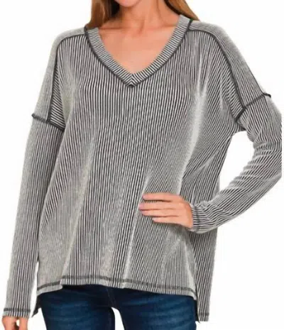Zenana Everyone's Favorite Ribbed Top In Black White Striped In Gray
