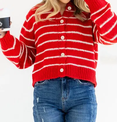 Zenana Fireside Sweater Cardigan In Red And White Stripe