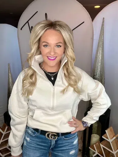 Zenana Fleece Half Zip Kangaroo Pocket Sweatshirt In Beige In White