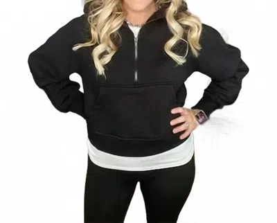 Zenana Fleece Half Zip Kangaroo Pocket Sweatshirt In Black