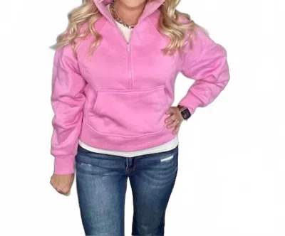 Zenana Fleece Half Zip Kangaroo Pocket Sweatshirt In Pink