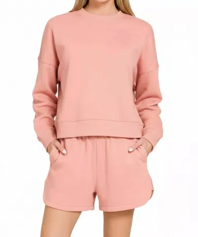 Zenana Fleece Long Sleeve Sweatshirts And Shorts Set In Rose Tan In Pink