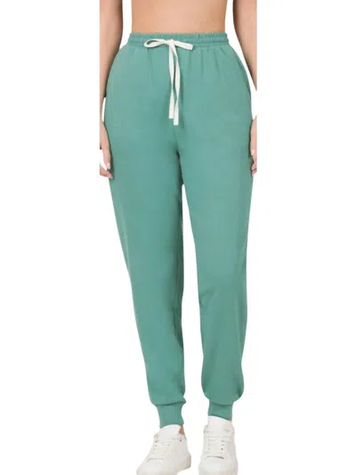 Zenana French Terry Drawstring Joggers In Dusty Teal In Green