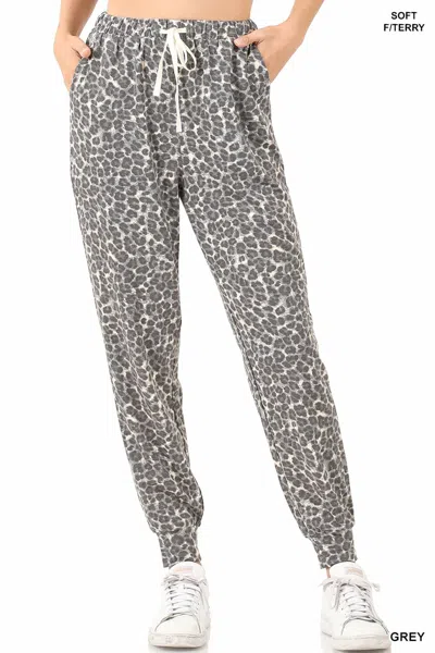 Zenana French Terry Leopard Print Joggers In Grey In Multi