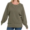 ZENANA FRENCH TERRY PULLOVER TOP IN OLIVE GREEN