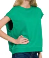 Zenana French Terry Round Neck Cap Sleeve T-shirt In K Green