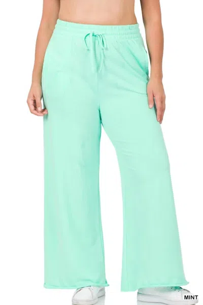 Zenana French Terry Wide Leg Lounge Pants In Mint In Green