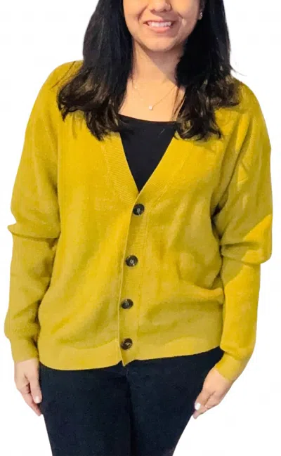 Zenana Front Button V Neck Sweater Cardigan In Yellow In Green