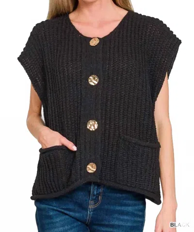 Zenana Front Pockets Button Down Sweater Vest In Black