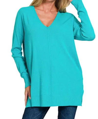 Zenana Front Seam V-neck Sweater In Ice Blue