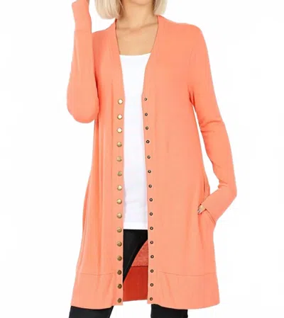 Zenana Full Sleeve Long Snap Cardigan In Deep Coral In Orange