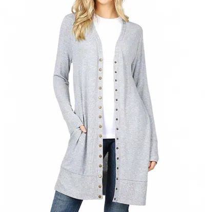 Zenana Full Sleeve Long Snap Cardigan In Heather Grey In Gray