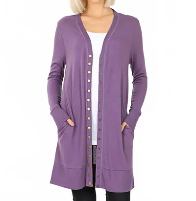 Zenana Full Sleeve Long Snap Cardigan In Lilac Grey In Pink