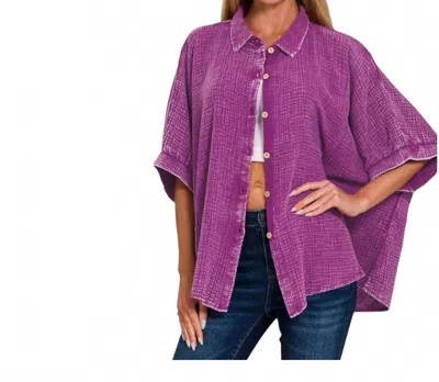 Zenana Gauze Button Up Top In Purple