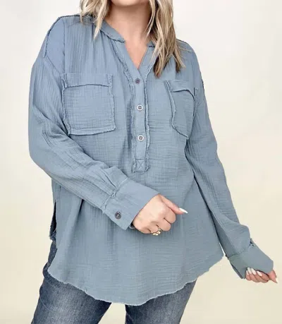 Zenana Gauze Split Neck Button Front Top In Blue Grey