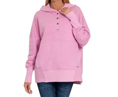 Zenana Half Button Hoodie In Heather Mauve In Pink