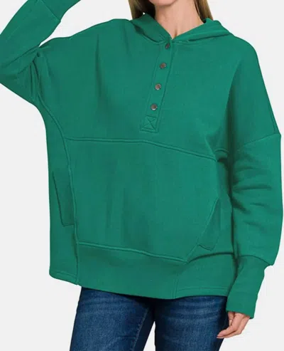 Zenana Half Snap Long Sleeve Hoodie With Kangaroo Pocket In Dark Green