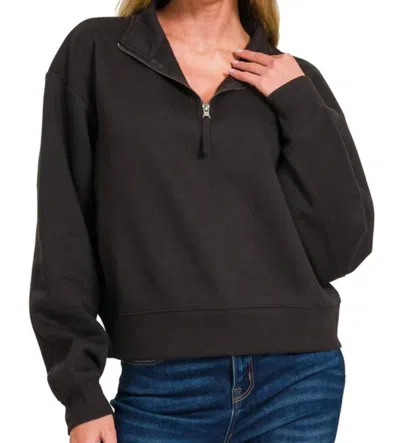 Zenana Half Zip Fleece Sweatshirt In Black