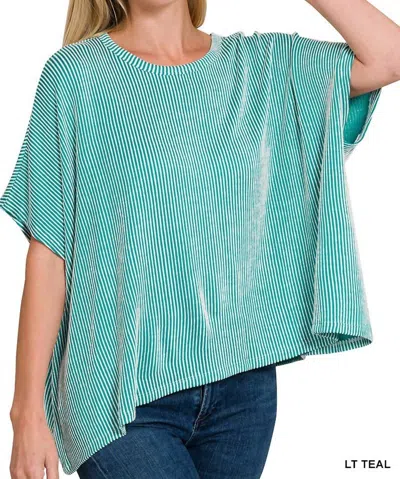 Zenana Harper Ribbed Striped Top In Light Teal In Blue