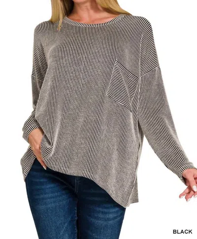 Zenana Hazel Ribbed Long Sleeve Top In Black