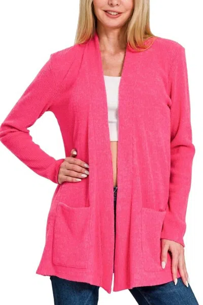 Zenana Heather Ribbed Sweater Open Front Cardigan In Hot Pink