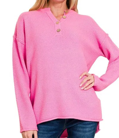 Zenana Henley Basic Sweater In Candy Pink