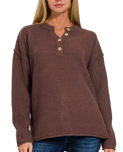Zenana Henley Basic Sweater In Dark Brown