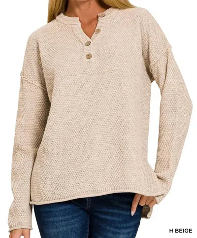 Zenana Henley Basic Sweater In Heather Beige In Neutral
